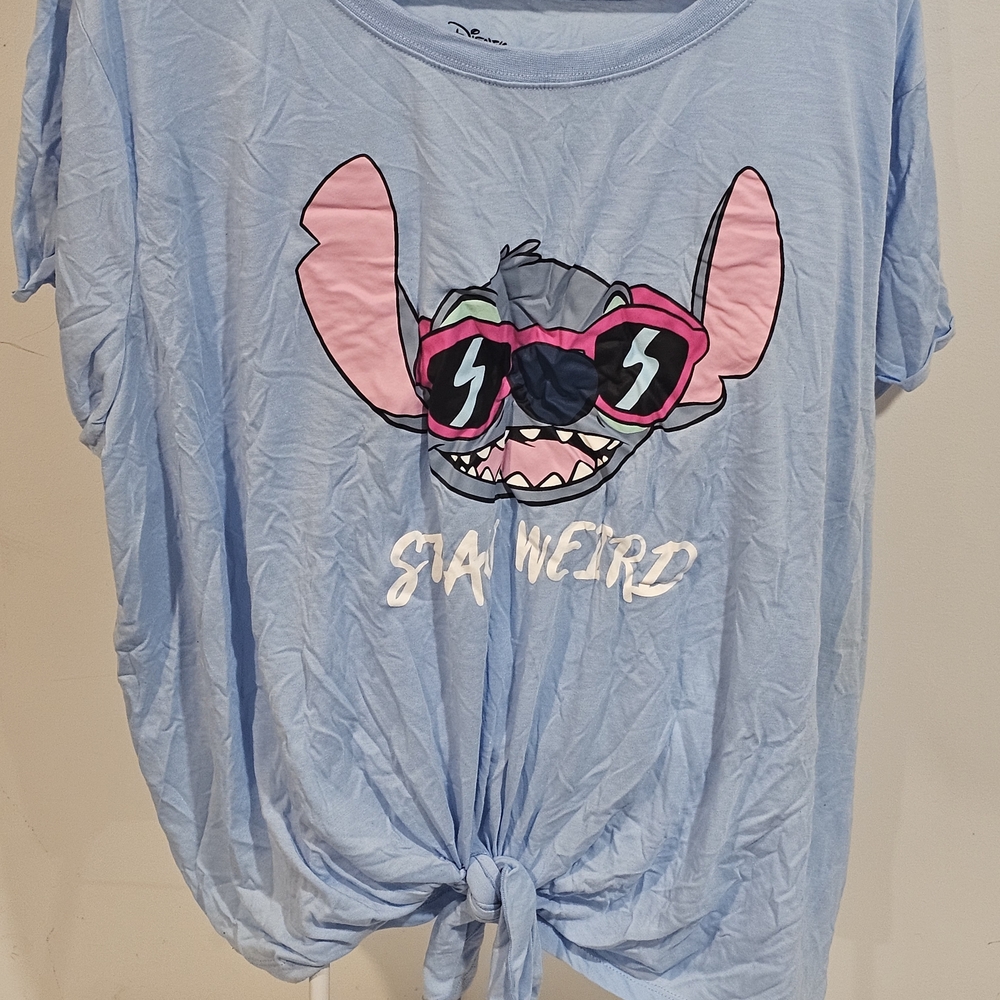 Disney Light Blue Stitch Graphic Tie-Front Tee with Pink Sunglasses